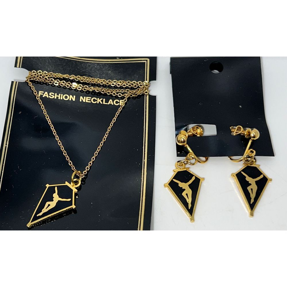 Vintage Gold Tone Black Dangle Drop with Dancer Retro Earrings And Necklace Set
